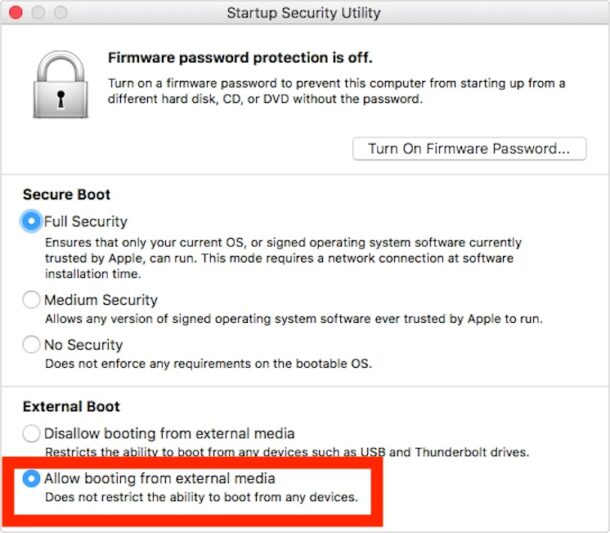 Utilitaire de sécurité de démarrage permettant le démarrage à partir d'un support externe sur Mac