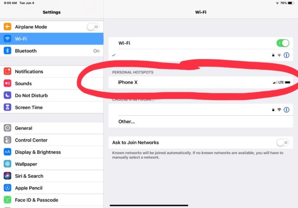 Connectez-vous et rejoignez un point d'accès iPhone depuis l'iPad