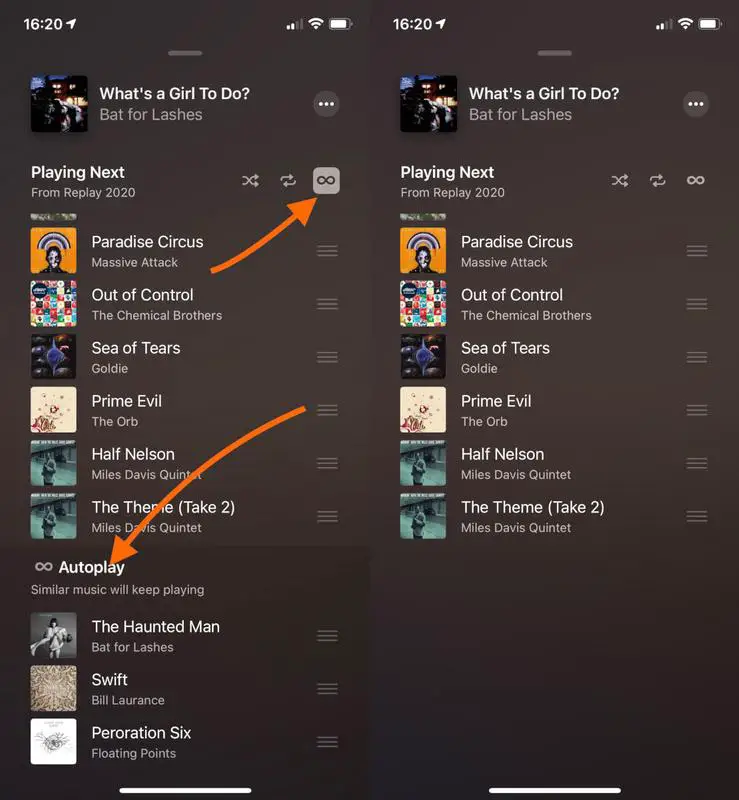 Comment arrêter Apple Music autojouer des chansons supplémentaires: Icône Autoplay