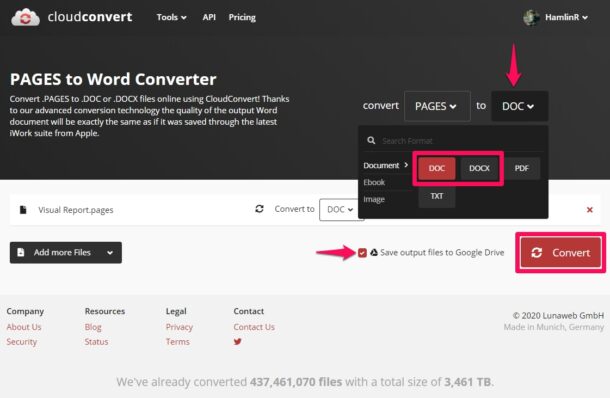 Comment convertir un fichier de pages dans Google Doc avec CloudConvert
