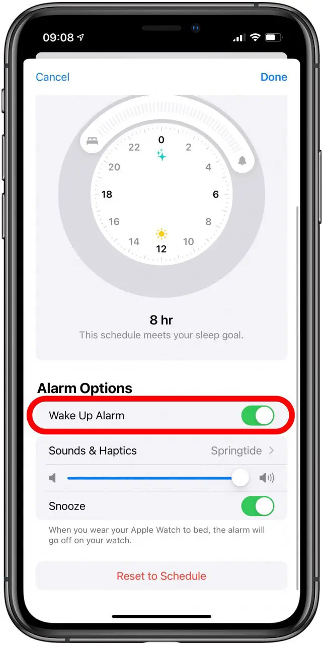 Sous Options d'alarme, vous pouvez basculer l'alarme de réveil.