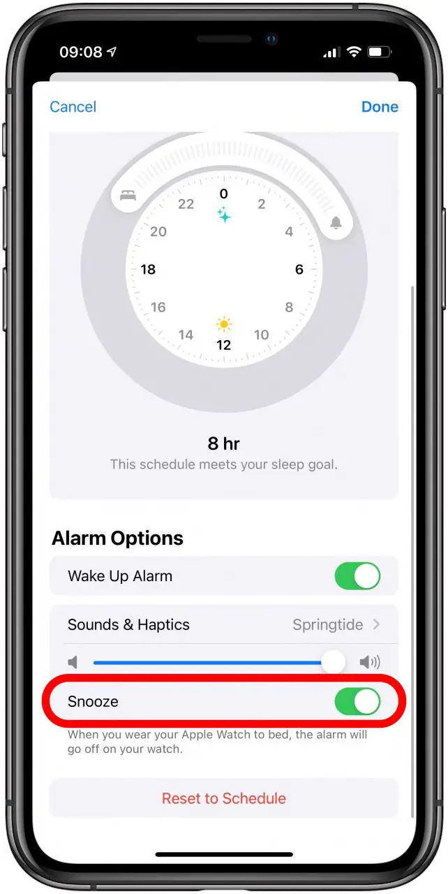 Vous pouvez également activer ou désactiver si vous souhaitez avoir une option de répéter lorsque votre alarme sonne.