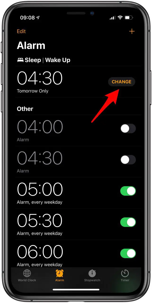 Ouvrez l'application Horloge et appuyez sur Modifier sous Veille |  Se réveiller.