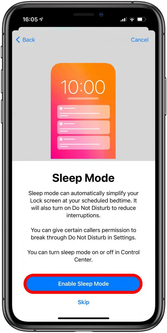 Appuyez sur Activer le mode veille pour activer automatiquement Ne pas déranger à l'heure du coucher prévue. 