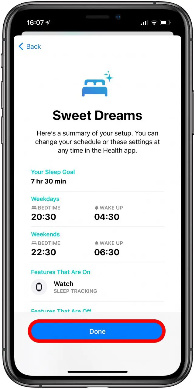 Appuyez sur Activer pour suivre le sommeil avec Apple Watch, puis appuyez sur Terminé.