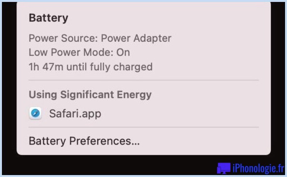 Indicateur de mode faible consommation dans le menu de la batterie sur un ordinateur portable Mac 