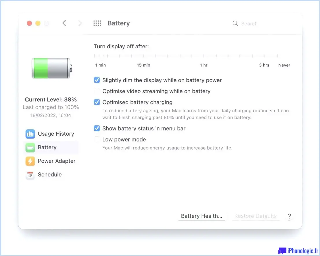 Paramètres de la batterie Mac