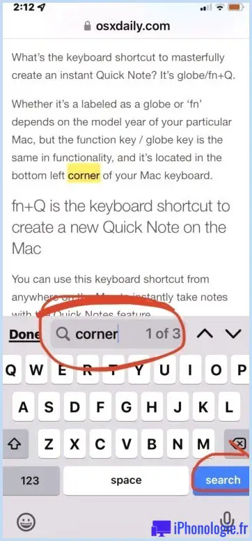 Utilisation de l'équivalent Control F pour rechercher le texte correspondant sur la page sur iPhone