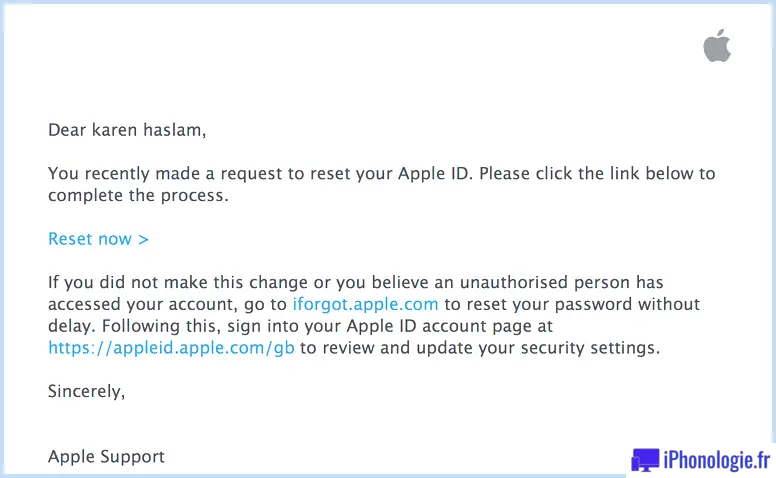 Comment réinitialiser le mot de passe de l'identifiant Apple oublié : e-mail de réinitialisation du mot de passe