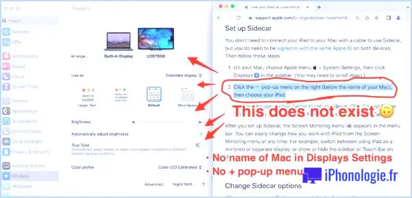 Afficher les paramètres de sidecar dans macOS Ventura incongruent avec le document de support Apple décrivant la fonctionnalité