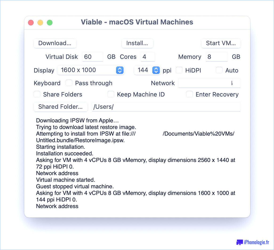 Paramètres exacts utilisés pour exécuter MacOS Ventura dans une machine virtuelle avec viable dans cet exemple