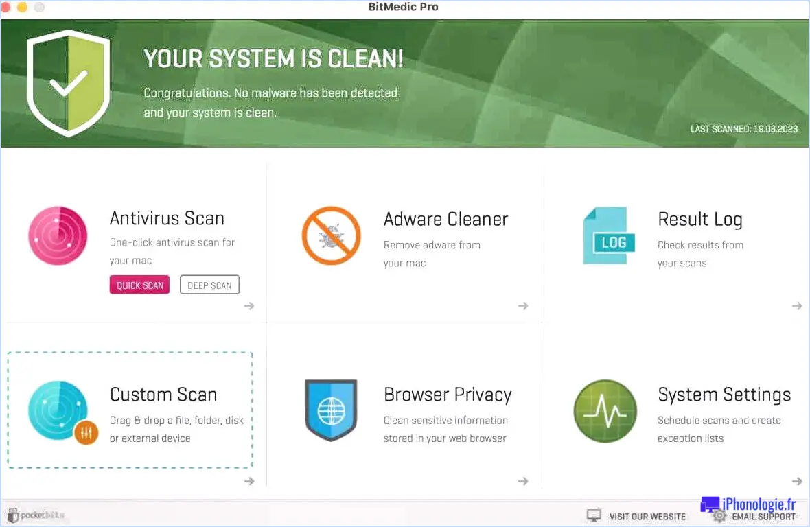 Il Bitmedic Pro Antivirus Home Screen, avec un accès à tous ses modules.