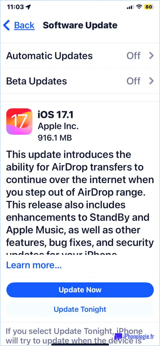 Mise à jour iOS 17.1