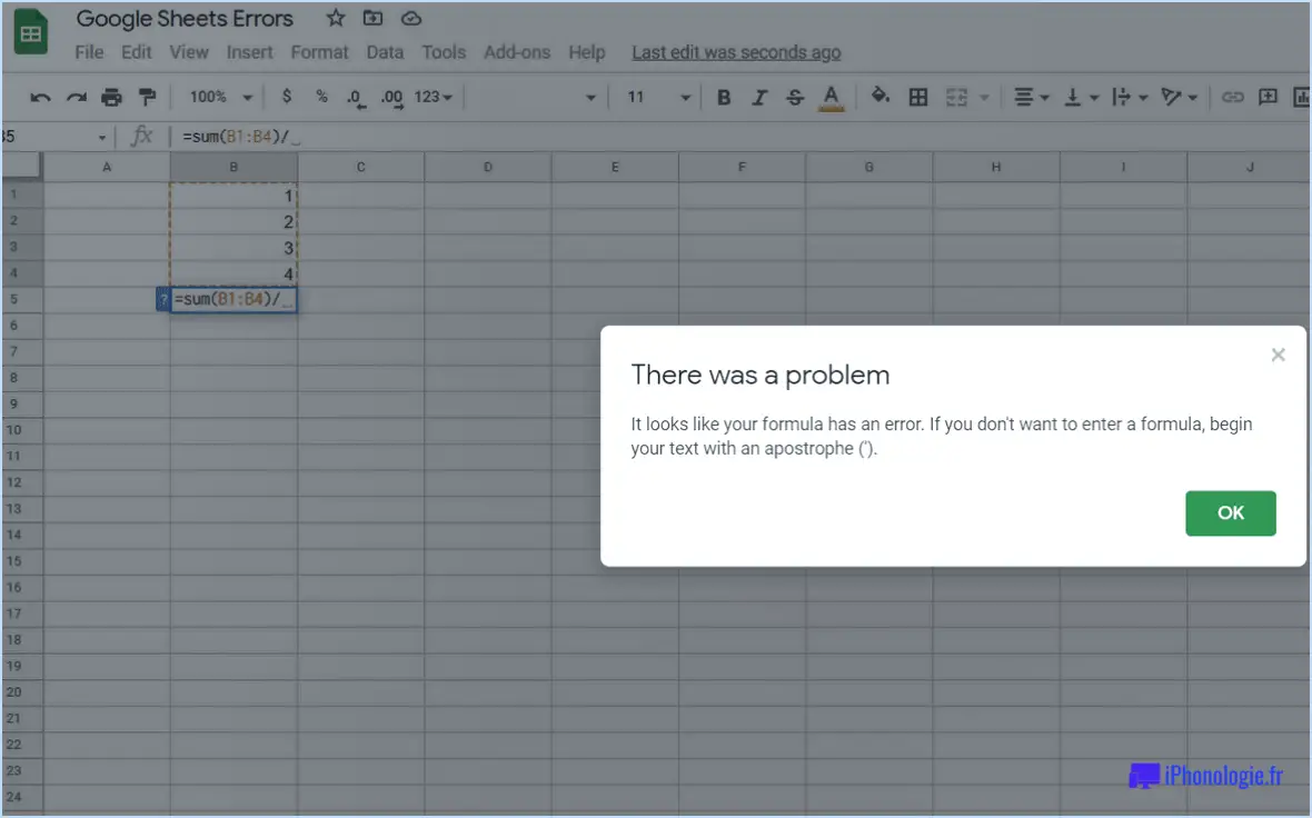 Comment corriger une erreur d'analyse de formule dans google sheets?