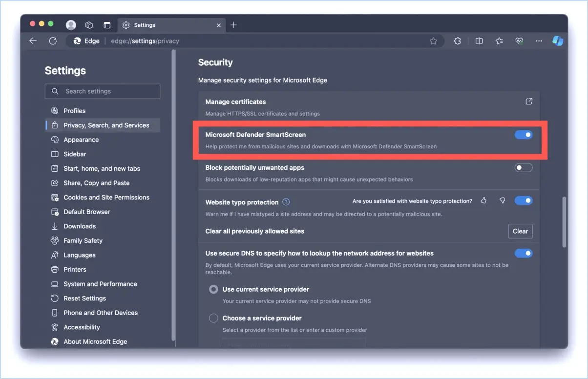 Désactiver Microsoft Defender SmartScreen dans Edge