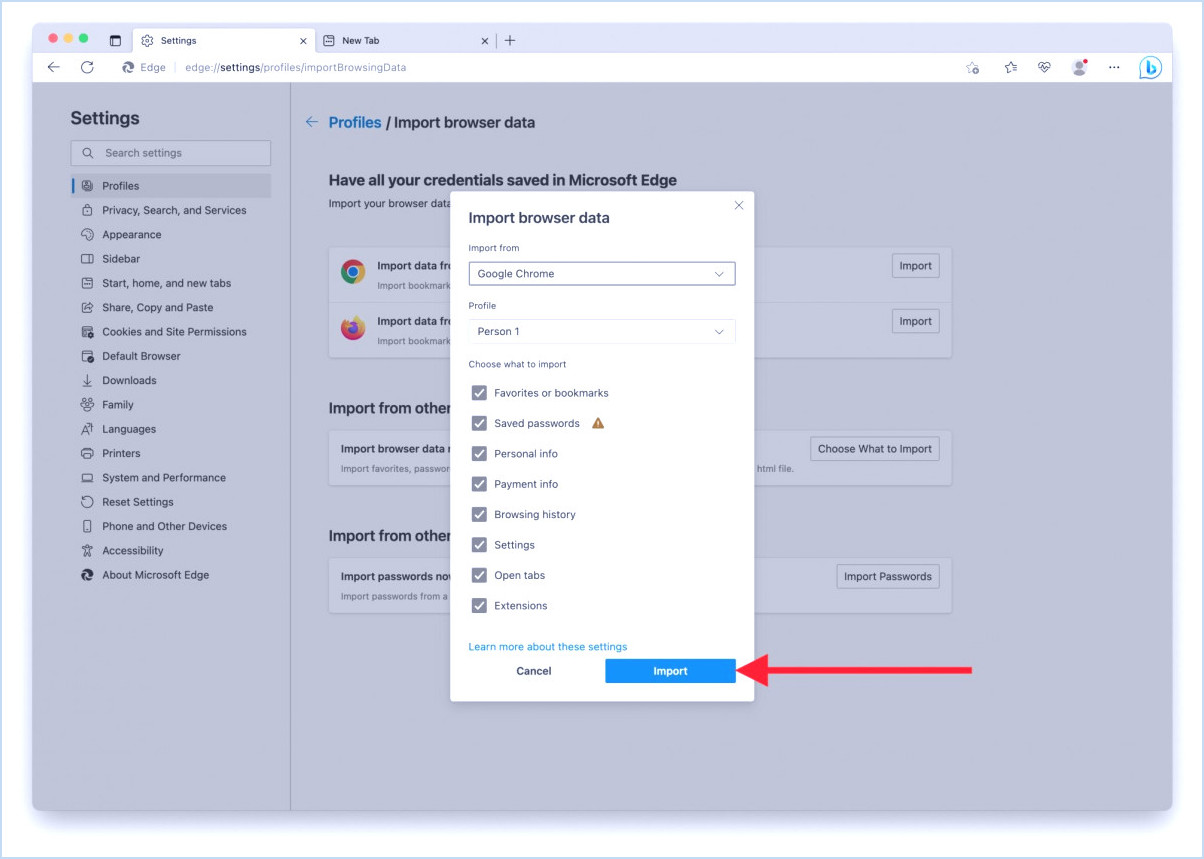 Comment importer des données de navigateur Chrome dans Microsoft Edge