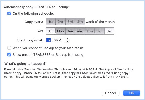 Configuration des temps de copie et des dates planifiés dans SuperDuper!