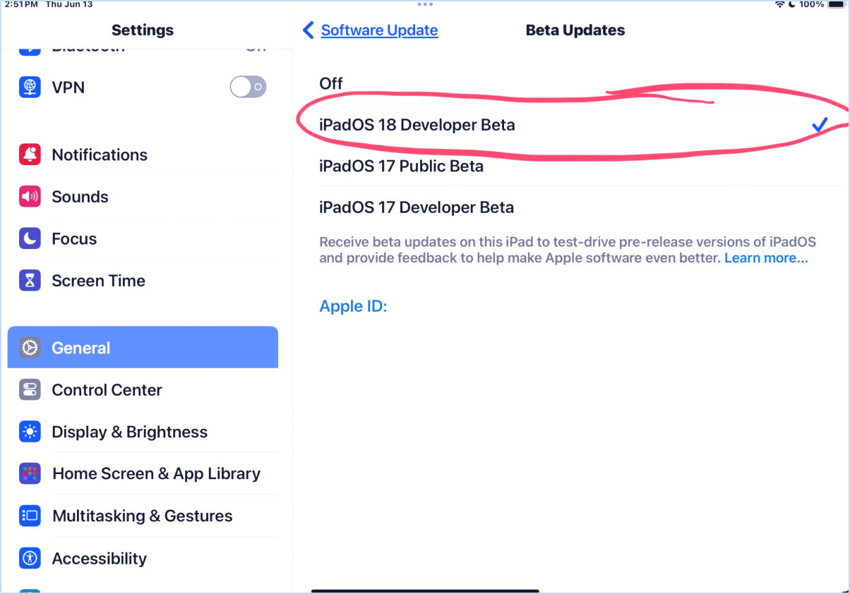 Appuyez pour sélectionner iPados 18 Developer Beta