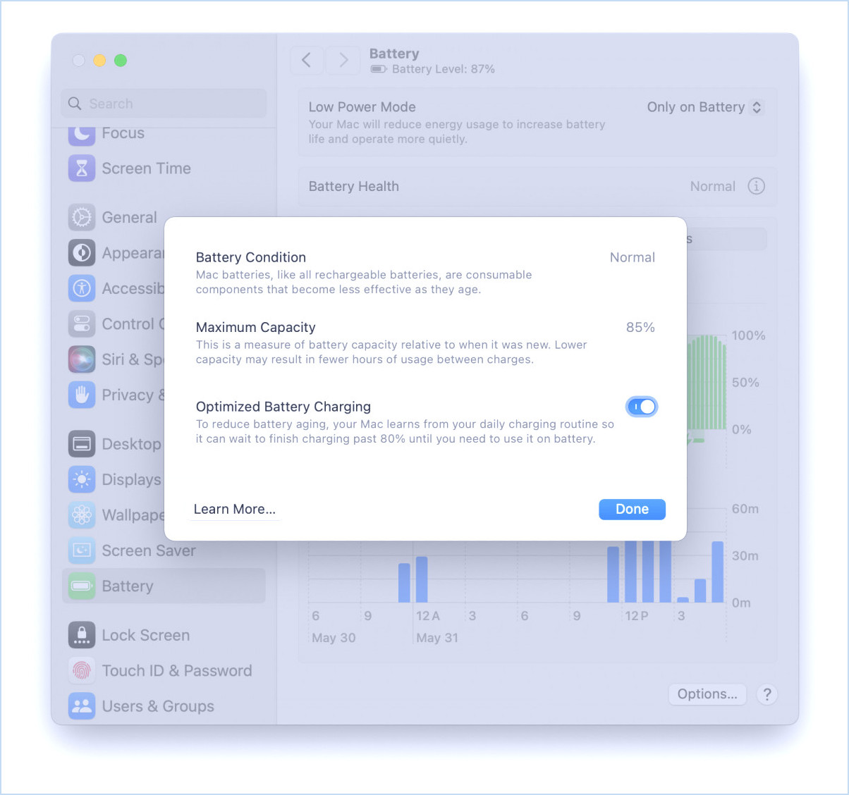 L'optimisation de la batterie doit être activée sur les ordinateurs portables Mac pour de meilleures performances et longévité