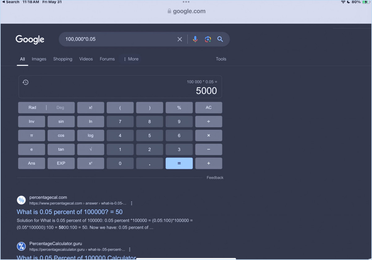 Cliquez sur une calculatrice, Spotlight ouvrira une recherche sur le Web avec le calcul