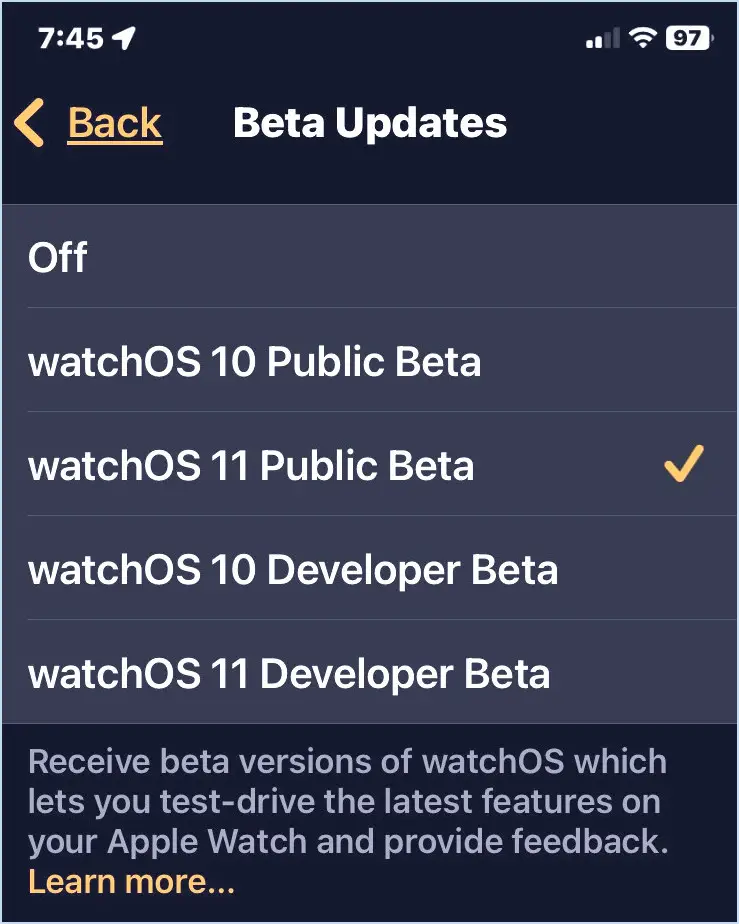 Choisissez Watchos 11 public bêta