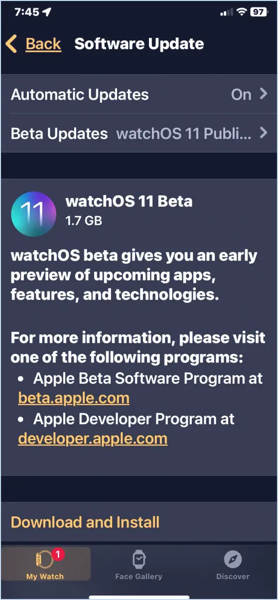 Choisissez de télécharger et d'installer Watchos 11 public bêta