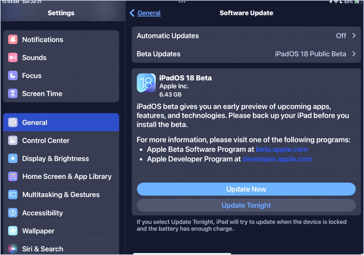Mise à jour maintenant vers iPados 18 publique bêta