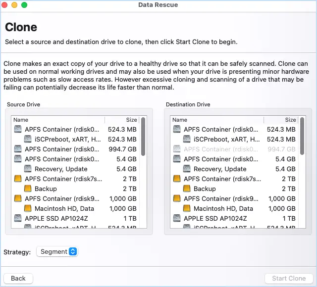 Datarescue6 2 Le menu de sélection de clonage dans Data Rescue 6