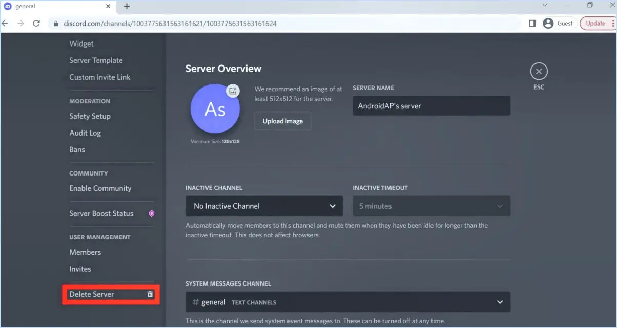 Comment supprimer un serveur discord 2022?