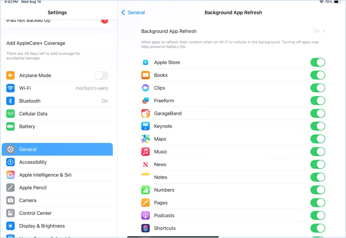 Paramètres de rafraîchissement de l'application d'arrière-plan iPad