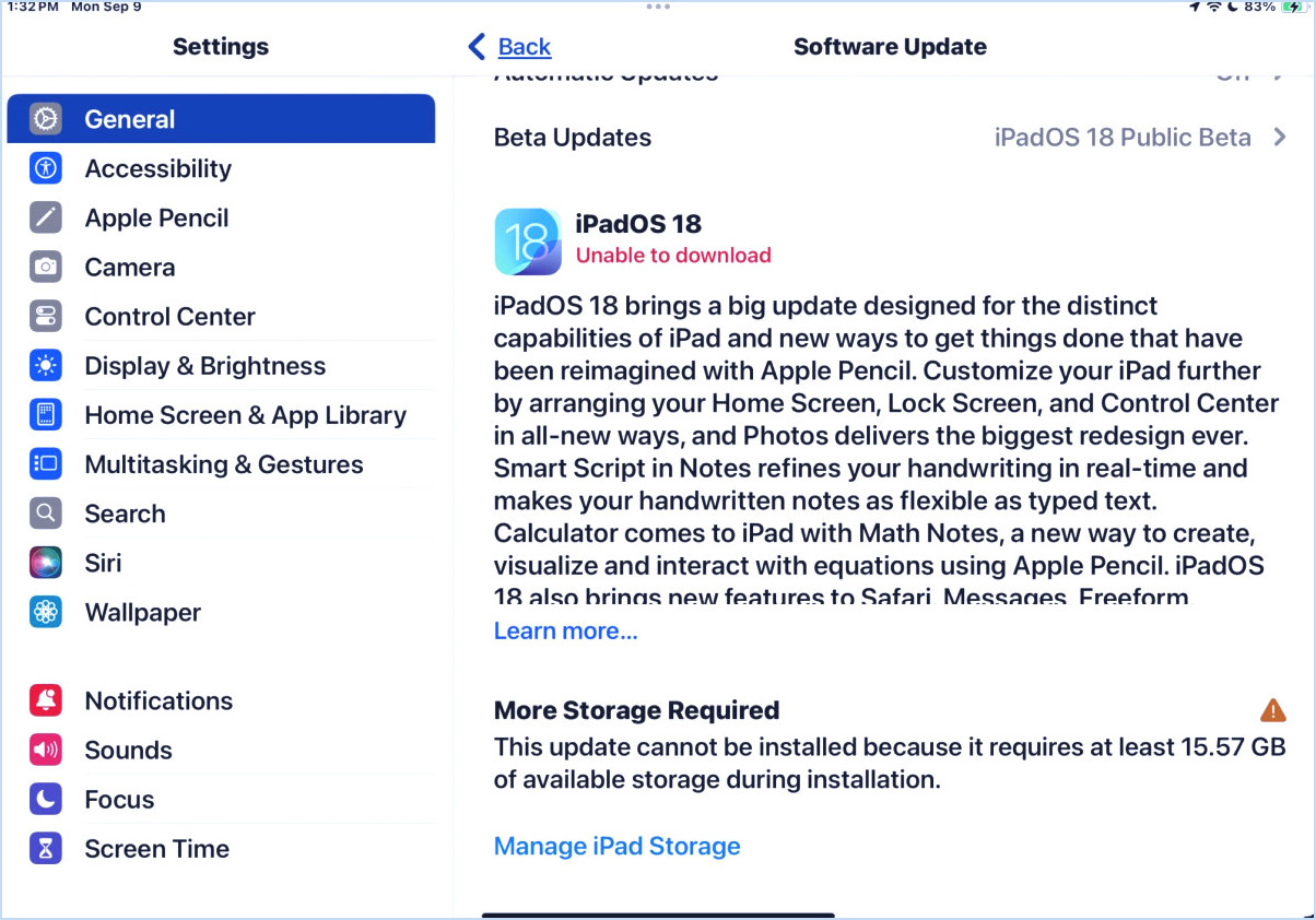 Vous avez besoin de 16 Go de stockage gratuitement pour installer la mise à jour iPados 18