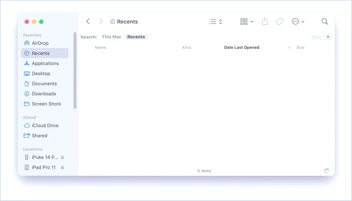Le dossier Récents est illustré comme vide sur Mac parfois