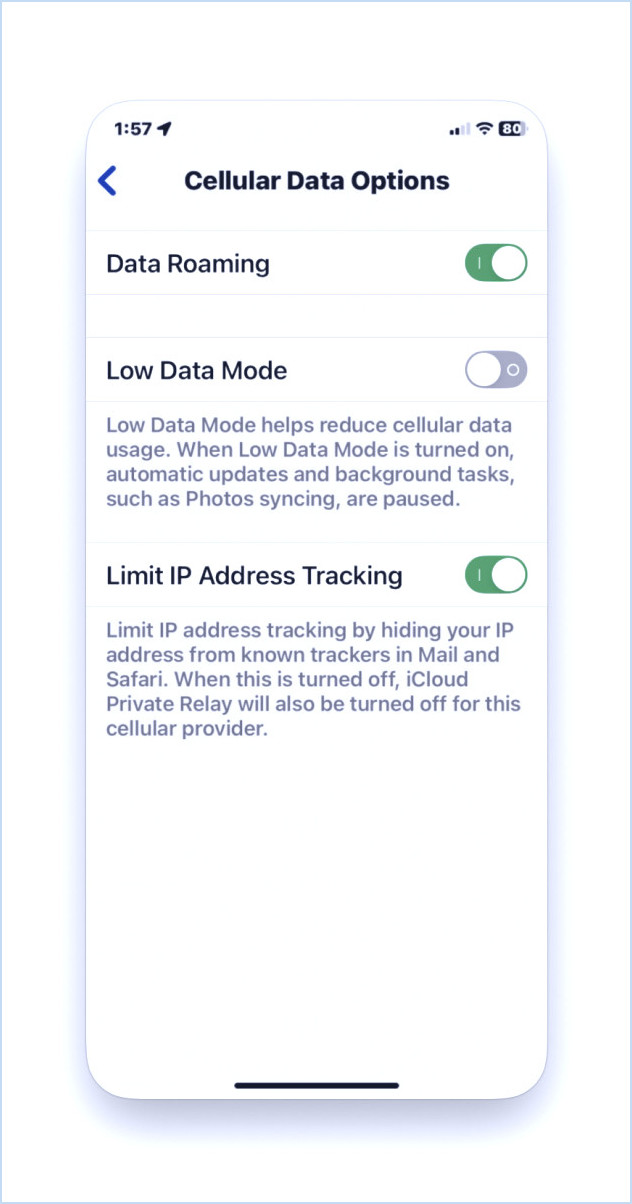 Assurez-vous que l'itinérance des données cellulaires est activée