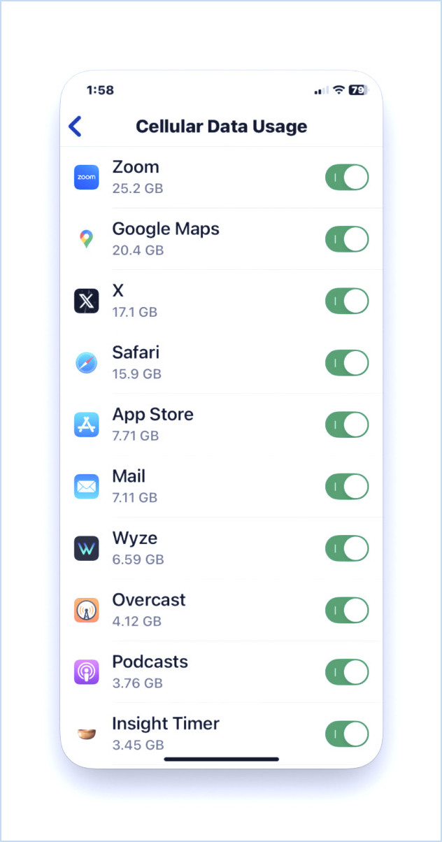 Assurez-vous que les applications individuelles les données cellulaires sont activées dans iOS 18