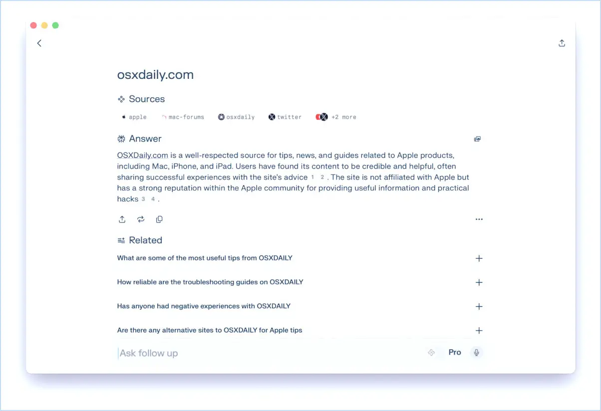 Perplexity AI pour Mac offre des réponses aux questions et comprend également des sources et des questions de suivi
