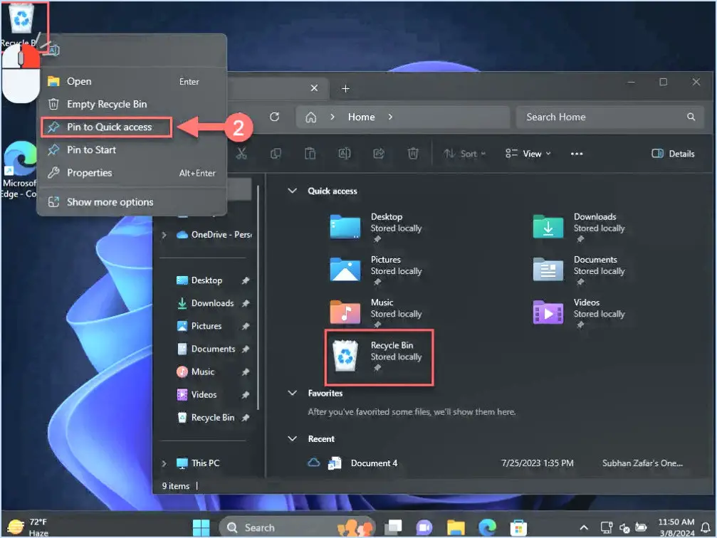 Comment épingler la corbeille à la barre d'outils d'accès rapide dans windows 10?