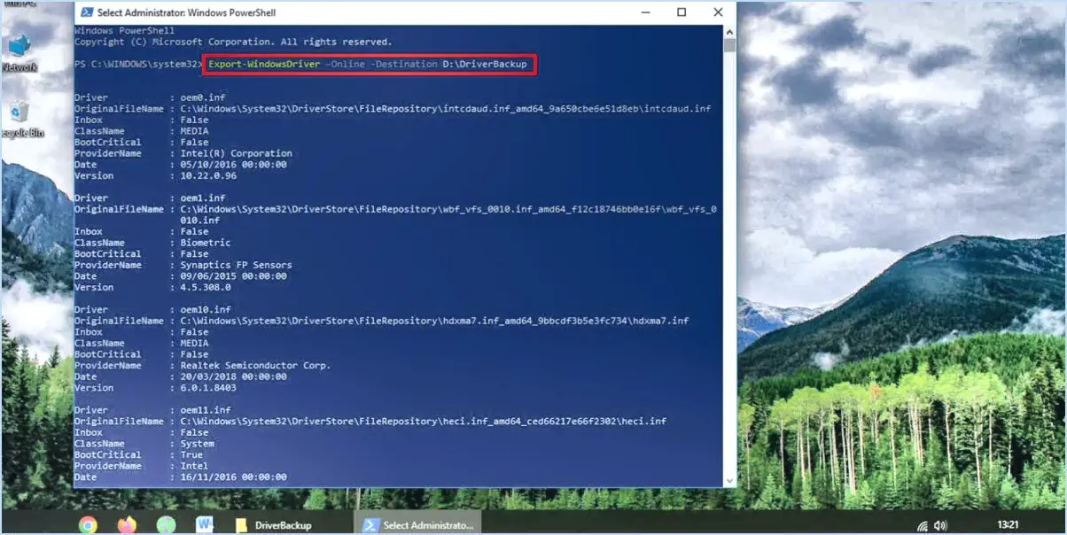 Comment sauvegarder les pilotes de windows 10 en utilisant powershell?