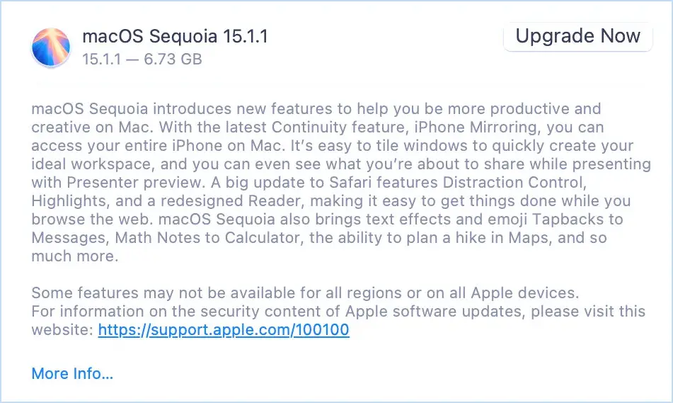 MacOS Sequoia 15.1.1 Mise à jour