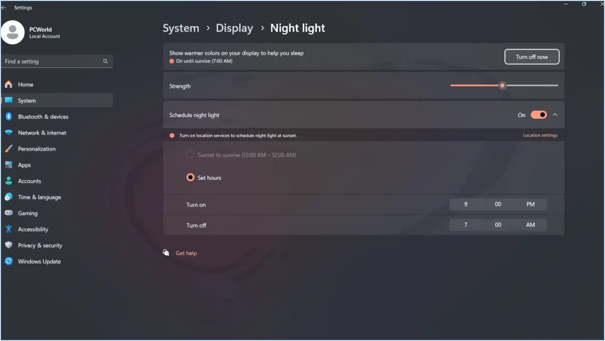 Comment faire pour que la lumière de nuit de windows 10 ne s'éteigne pas?
