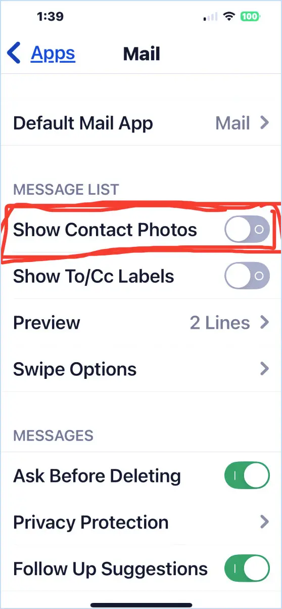 Désactiver Afficher les photos de contact pour masquer les icônes des expéditeurs de courrier sur l'application iPhone Mail