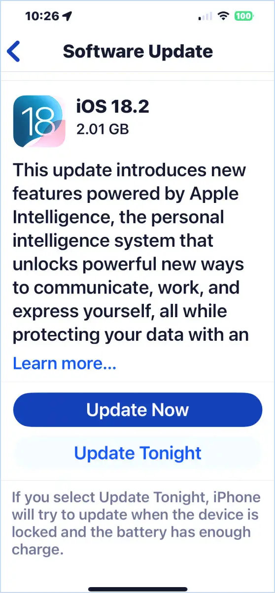 Téléchargement de mise à jour iOS 18.2