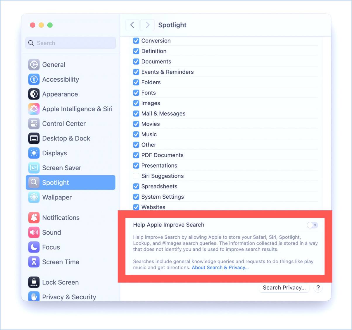 Comment désactiver aider Apple à améliorer la recherche pour arrêter le partage de données avec Apple Form Mac Spotlight