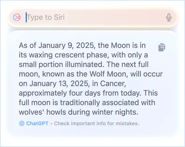 Tapez à Siri répondant à une question sur la lune